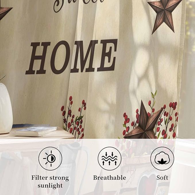 Farm Sheer Curtains 72 Inch Length American Country Barn Star Vintage Berry - Image 2