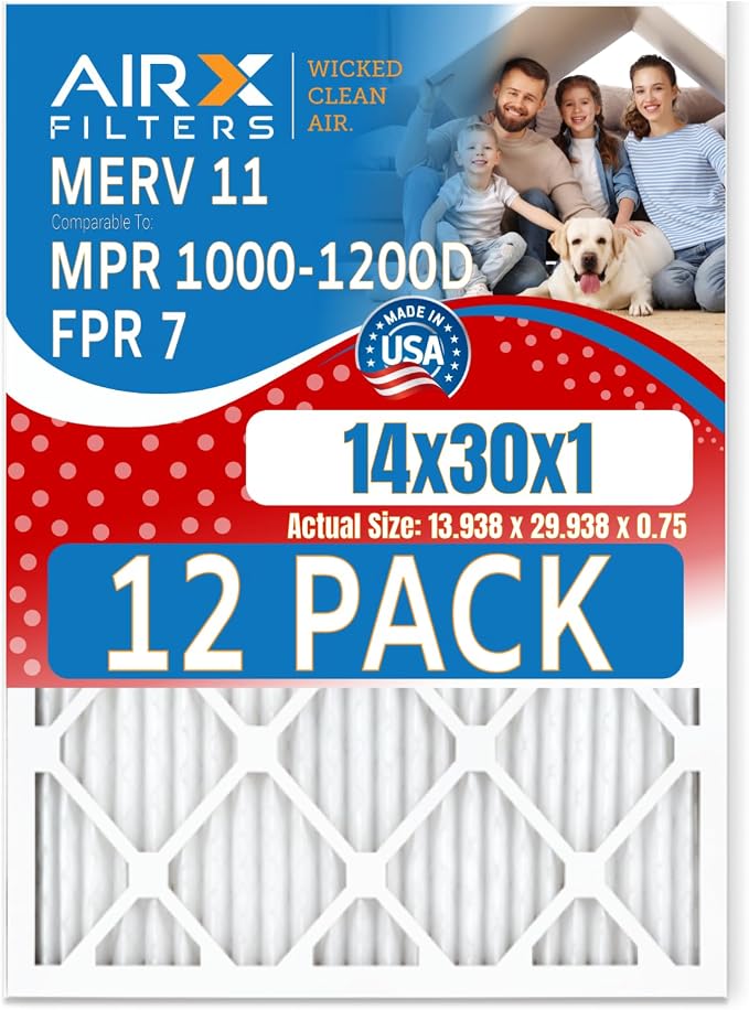 14x30x1 Air Filter MERV 11 Rating, 12 Pack of Furnace Filters Comparable to MPR by AIRXFILTERSWICKEDCLEANAIR