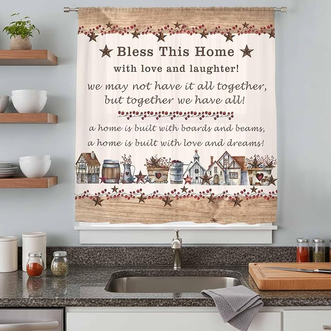 Farmhouse Sheer Curtains 84 Inch Length Country Star Barn Berry Brown Wood - Image 8