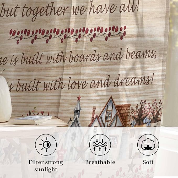 Farmhouse Sheer Curtains 63 Inch Length Brown Country Star Berry Vintage Wood - Image 2