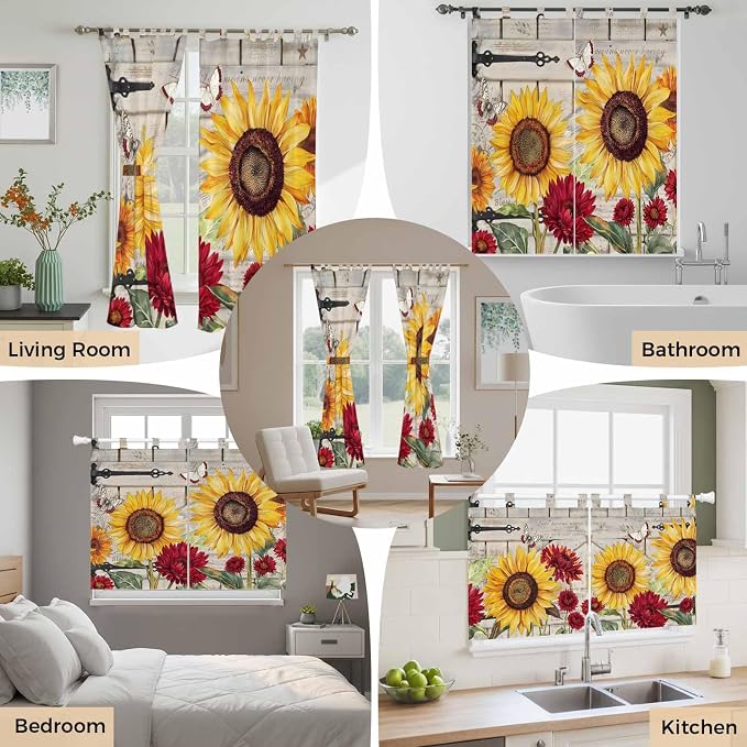 Red Yellow Sunflowers Bedroom Curtains 63 Inch Length, Window Curtains Tab Top - Image 7