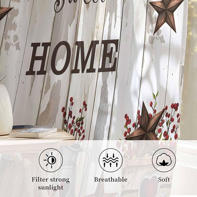 Farmhouse Sheer Curtains 72 Inch Length Retro Country Star Berry Vintage Wood - Image 2