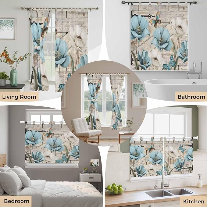 Teal Blue Tulips Bedroom Curtains 63 Inch Length, Window Curtains Tab Top - Image 7