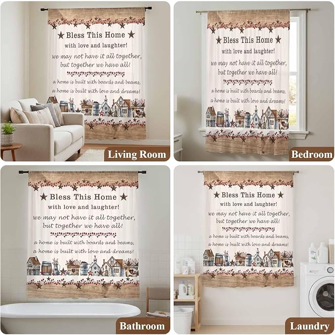 Farmhouse Sheer Curtains 96 Inch Length Country Star Barn Berry Brown Wood - Image 7