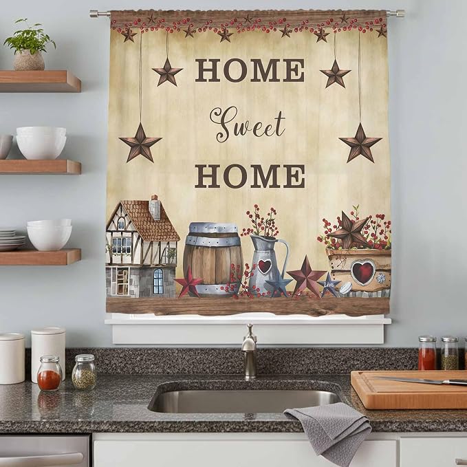 Farm Sheer Curtains 45 Inch Length American Country Barn Star Vintage Berry - Image 8