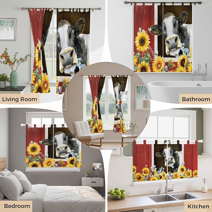 Cows Sunflowers Kitchen Curtains 45 Inch Length, Short Cafe Window Curtains Tab - Image 7