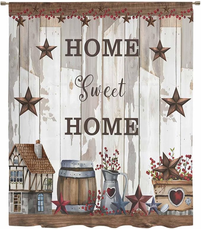 Farmhouse Sheer Curtains 96 Inch Length Retro Country Star Berry Vintage Wood - Image 6