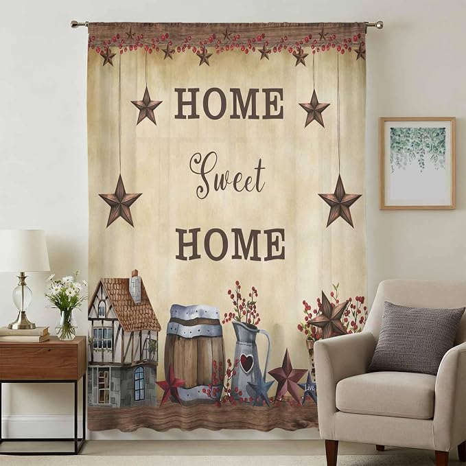 Farm Sheer Curtains 45 Inch Length American Country Barn Star Vintage Berry - Image 3