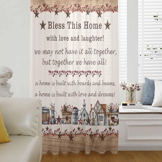 Farmhouse Sheer Curtains 84 Inch Length Country Star Barn Berry Brown Wood by Unknown