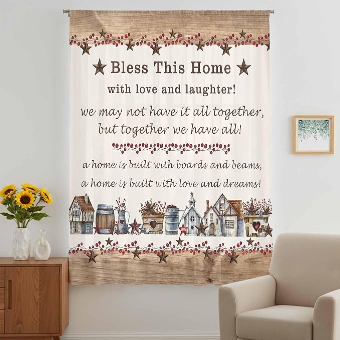 Farmhouse Sheer Curtains 96 Inch Length Country Star Barn Berry Brown Wood - Image 5