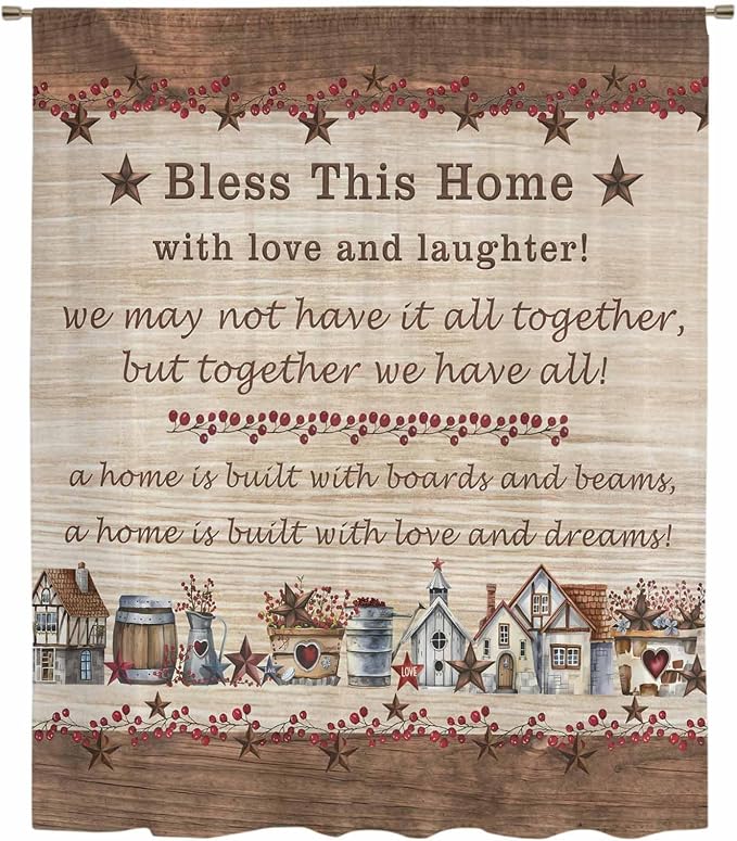 Farmhouse Sheer Curtains 84 Inch Length Brown Country Star Berry Vintage Wood - Image 6