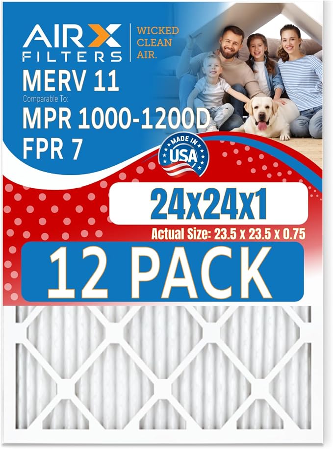 24x24x1 Air Filter MERV 11 Rating, 12 Pack of Furnace Filters Comparable to MPR by AIRXFILTERSWICKEDCLEANAIR