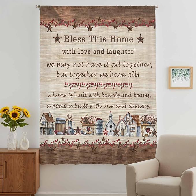 Farmhouse Sheer Curtains 63 Inch Length Brown Country Star Berry Vintage Wood - Image 5