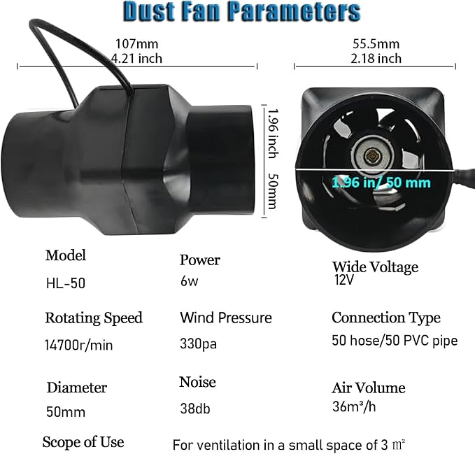 Inline Duct Fan 2”with Speed Controller 12v Low Noise Inline HVAC Blower Can Fan - Image 2