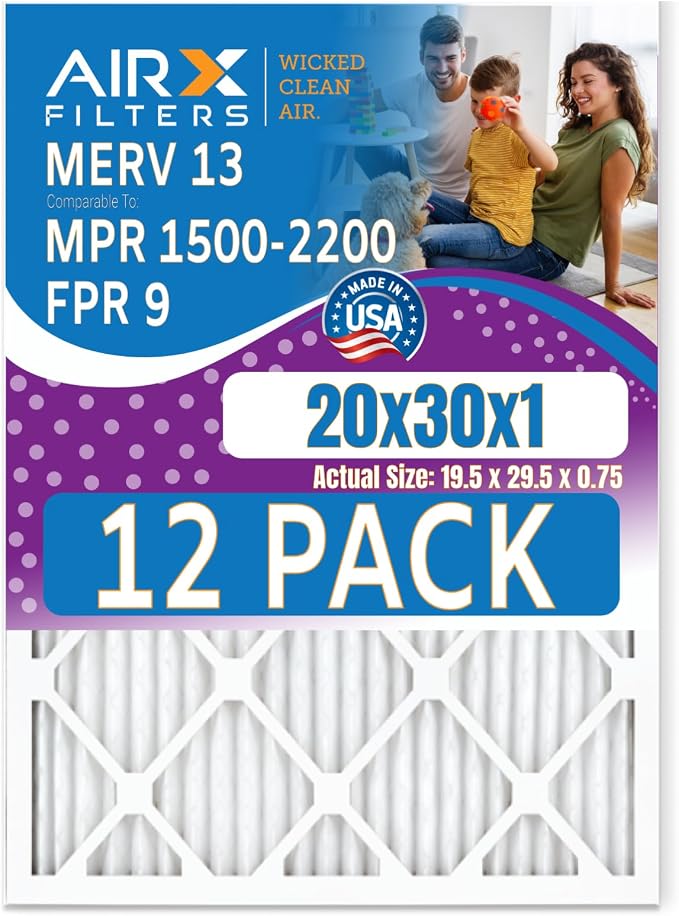 20x30x1 Air Filter MERV 13 Rating, 12 Pack of Furnace Filters Comparable to MPR by AIRXFILTERSWICKEDCLEANAIR