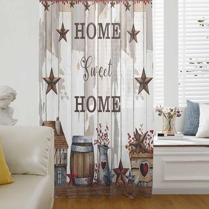 Farmhouse Sheer Curtains 54 Inch Length Retro Country Star Berry Vintage Wood by Unknown
