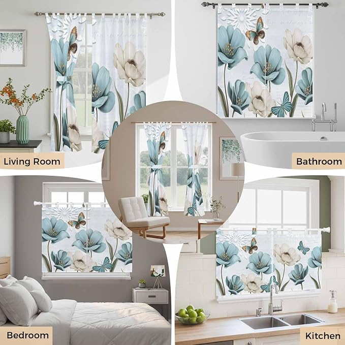 Blue Tulips Bedroom Curtains 63 Inch Length, Window Curtains Tab Top, - Image 7