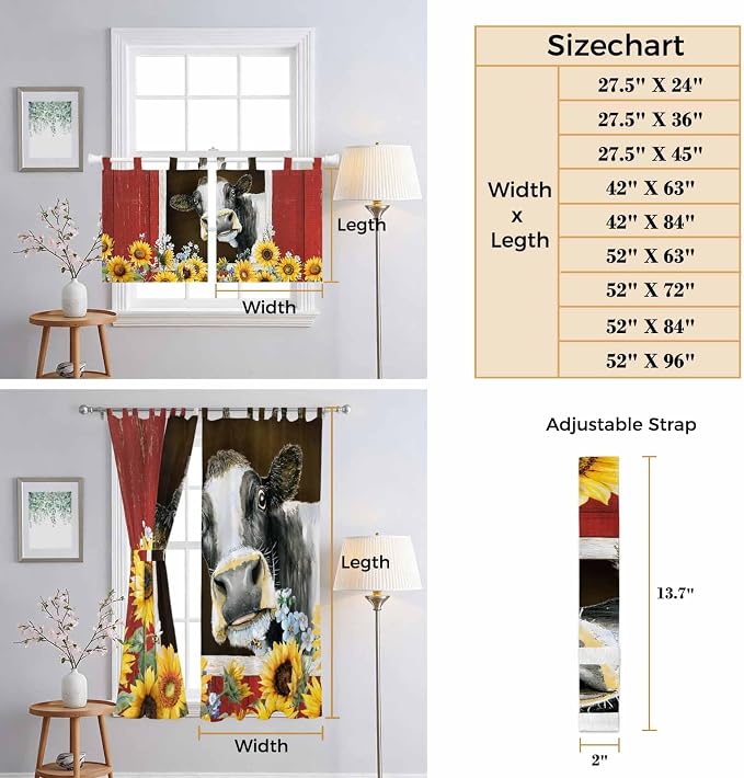 Cows Sunflowers Bedroom Curtains 72 Inch Length, Window Curtains Tab Top - Image 8