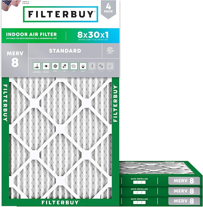 Filterbuy 8x30x1 Air Filter MERV 8 Essential Dust & Allergy Defense, by Filterbuy